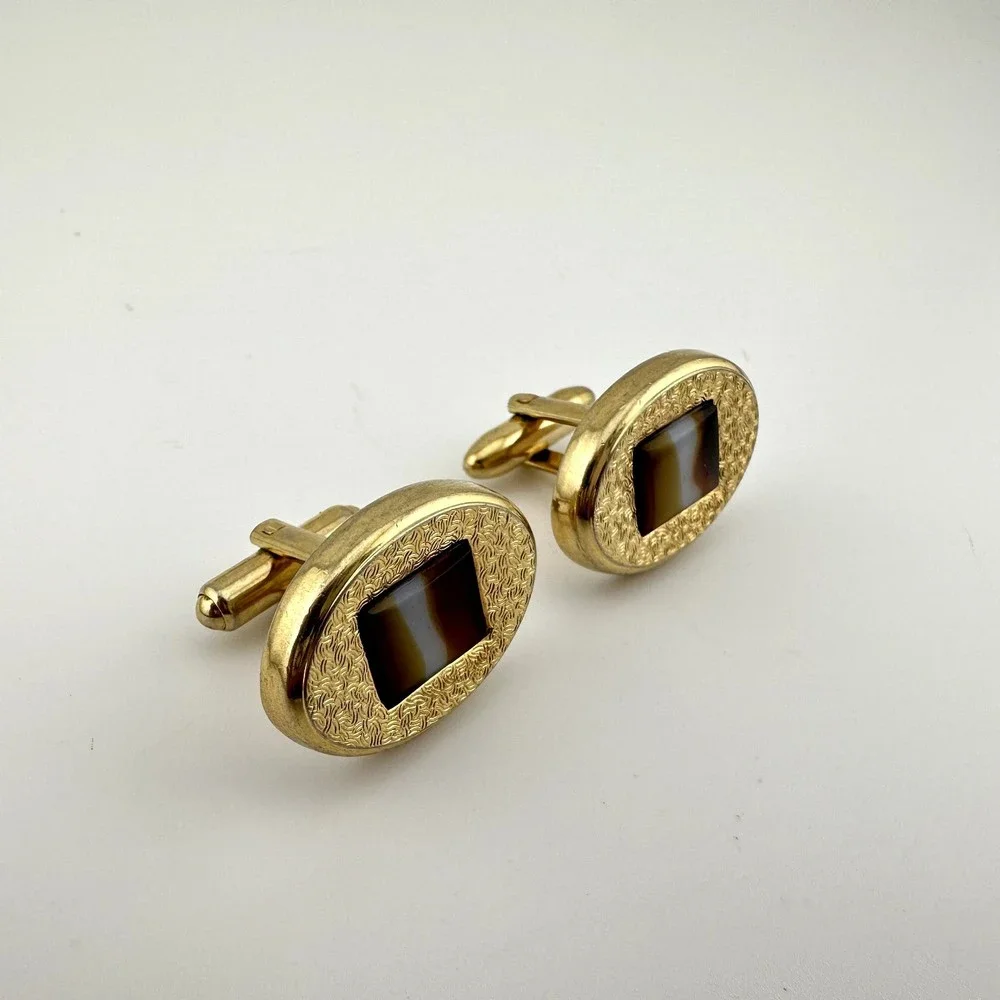 Vintage Hickok Canada Gold Tone Oval Cufflinks Set Inset Glass Rectangle 1